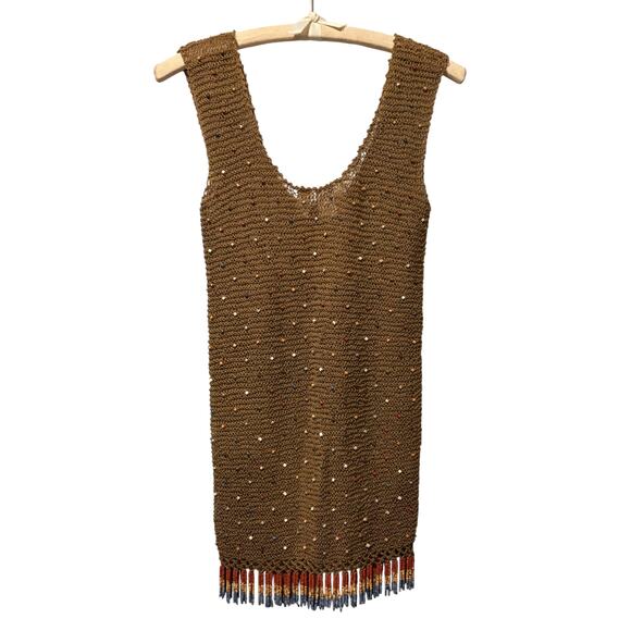 Vicky Moreinis Brown Knit Beaded Swimwear Cover up Dress Beaded Fringe Stretch - Picture 6 of 6